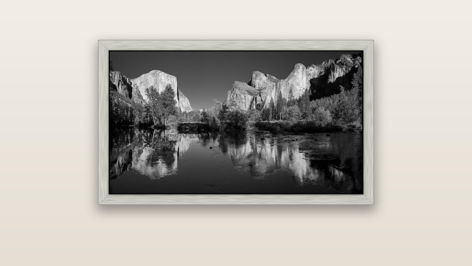 Yosemite Calm Reflection, Valley View — silver float frame canvas, 91 × 51 cm. New Zealand fine art landscape wall art by Stephen Milner.