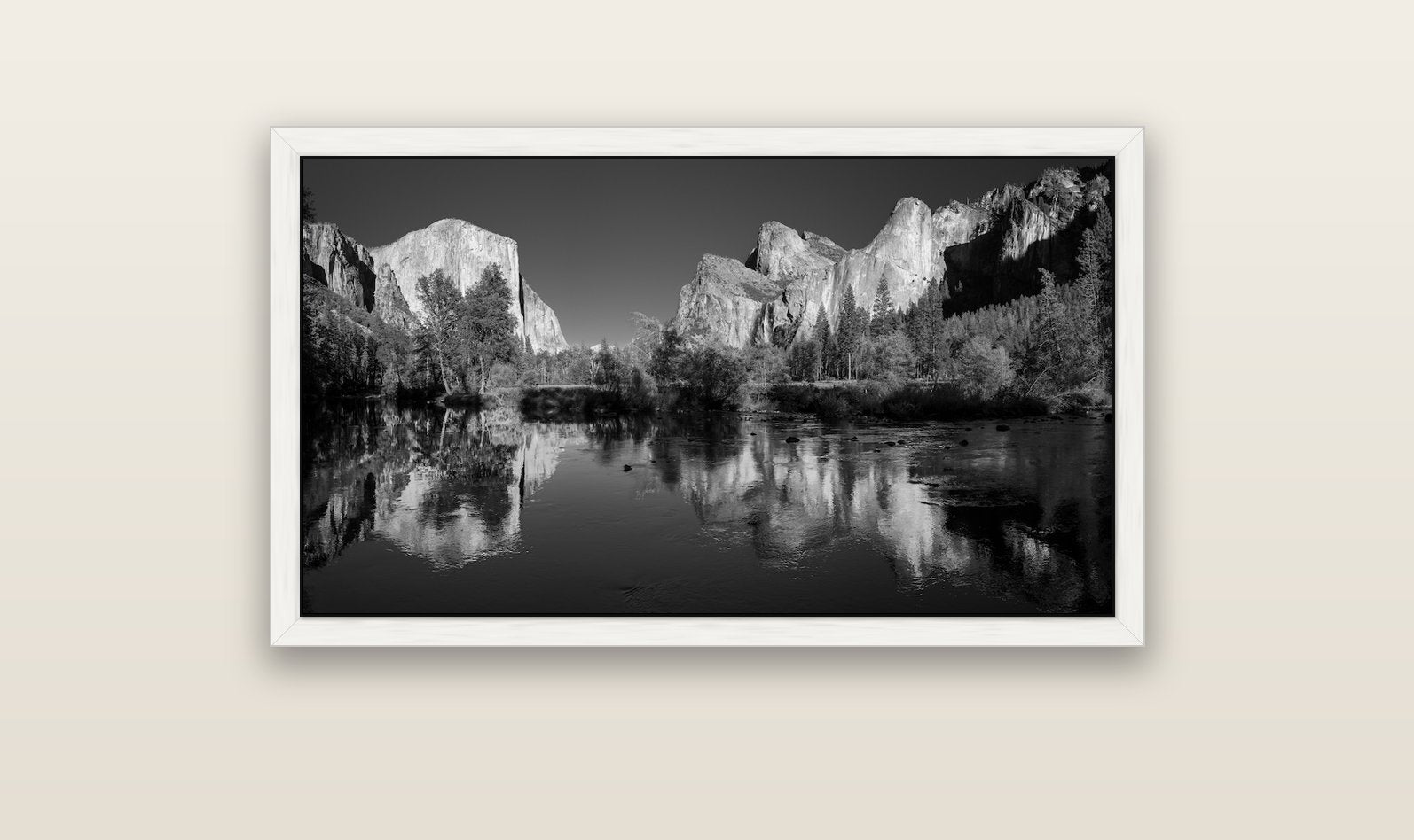 Yosemite Calm Reflection, Valley View — white float frame canvas, 102 × 56 cm. New Zealand fine art landscape wall art by Stephen Milner.