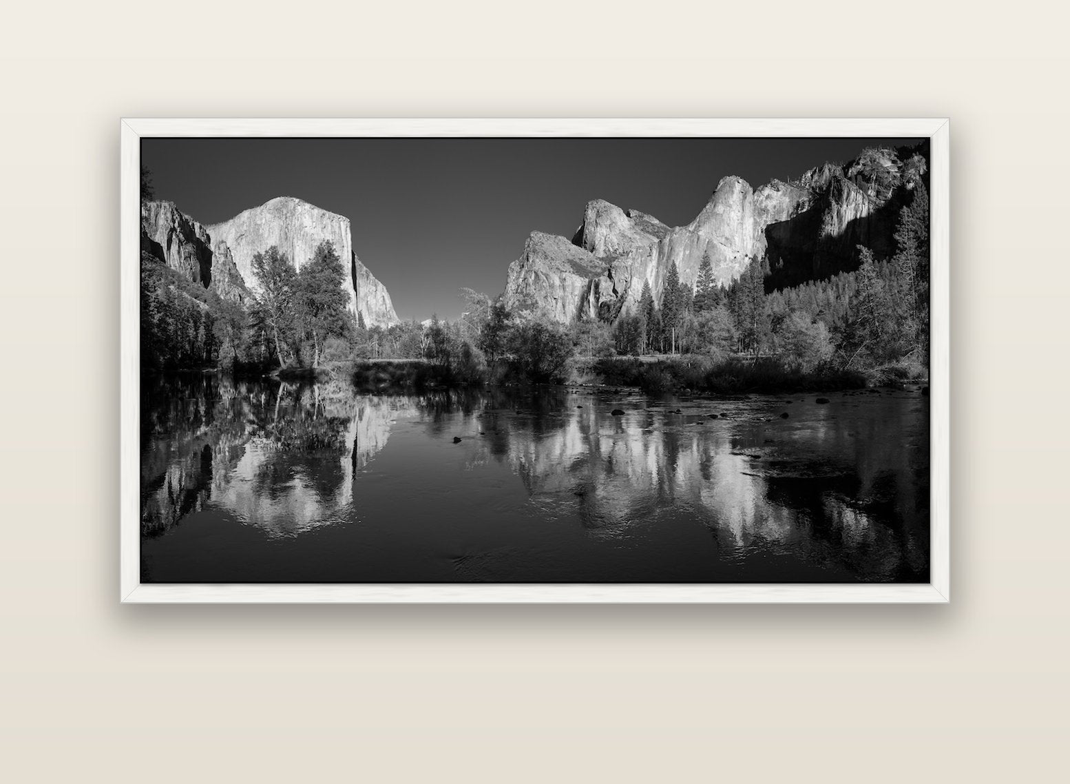 Yosemite Calm Reflection, Valley View — white float frame canvas, 152 × 86 cm. New Zealand fine art landscape wall art by Stephen Milner.