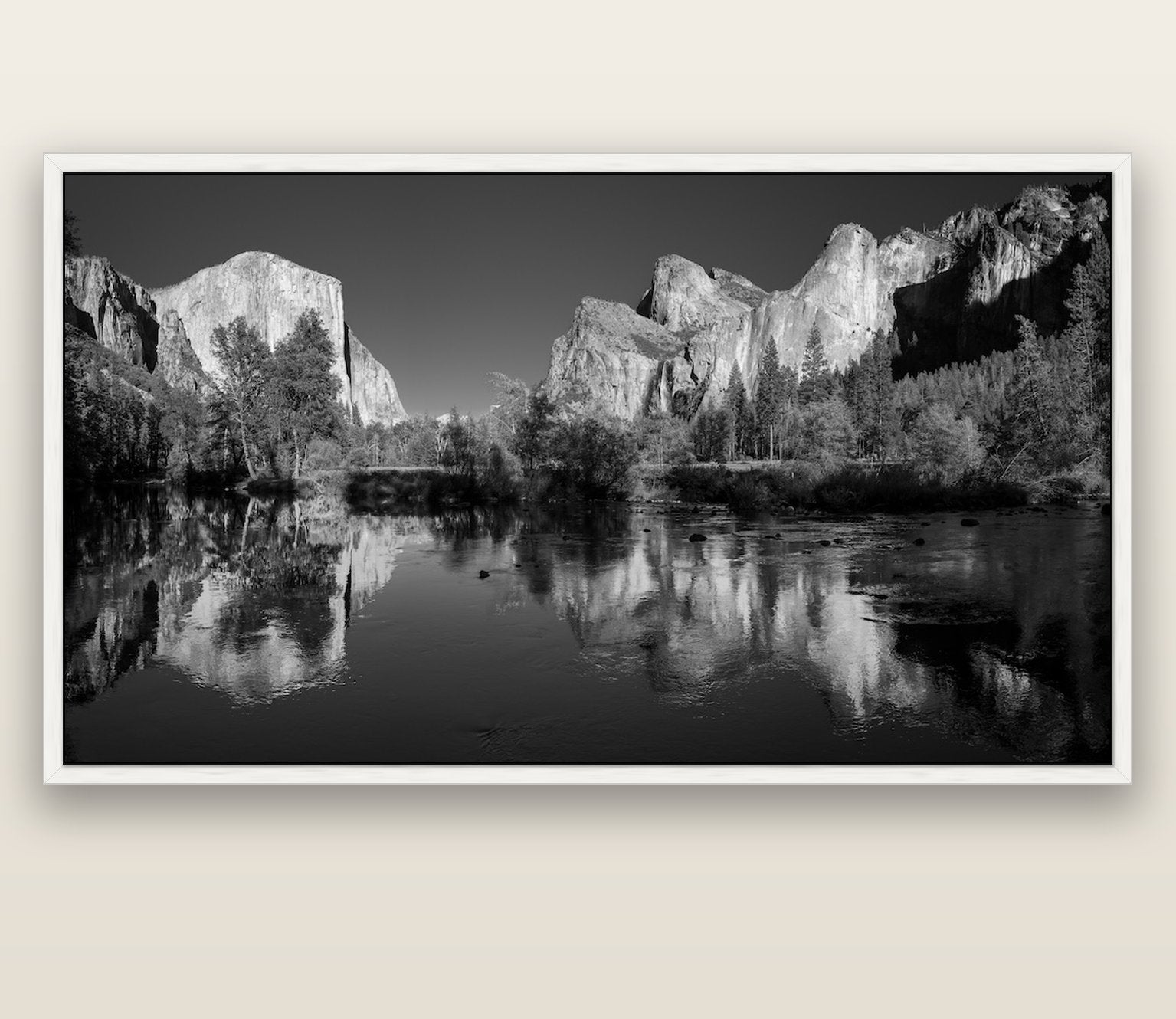Yosemite Calm Reflection, Valley View — white float frame canvas, 200 × 130 cm. New Zealand fine art landscape wall art by Stephen Milner.