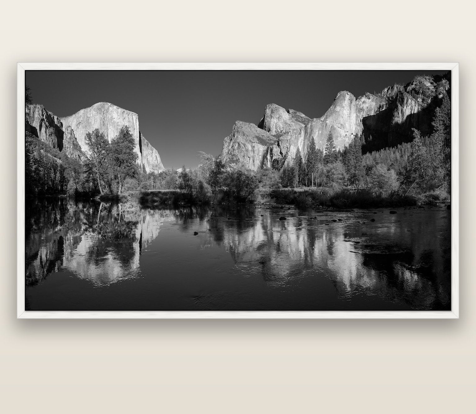 Yosemite Calm Reflection, Valley View — white float frame canvas, 201 × 99 cm. New Zealand fine art landscape wall art by Stephen Milner.