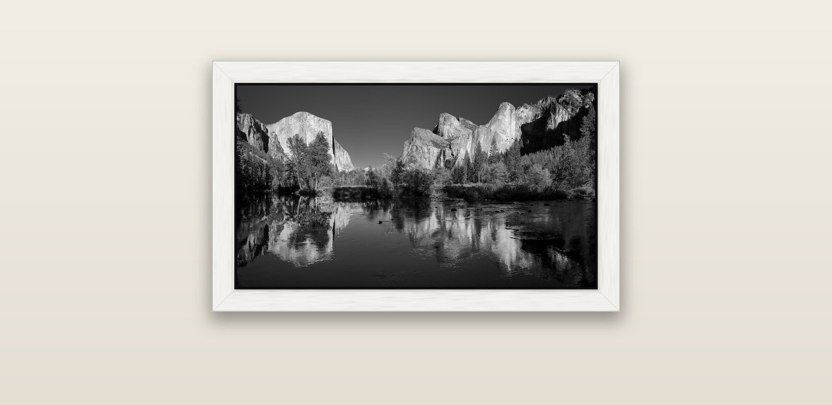 Yosemite Calm Reflection, Valley View — white float frame canvas, 61 × 36 cm. New Zealand fine art landscape wall art by Stephen Milner.