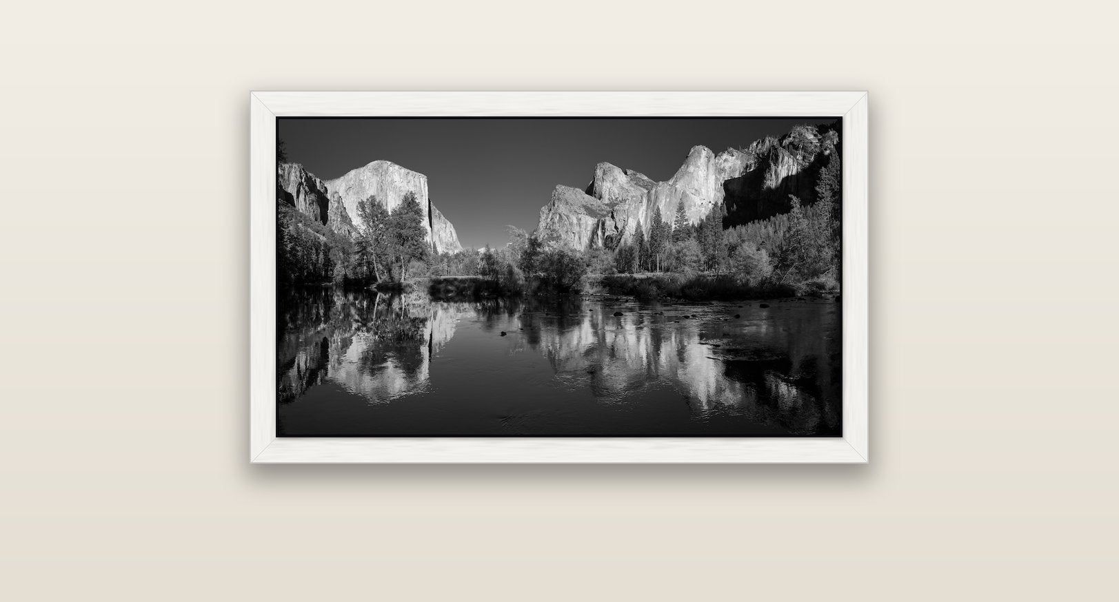 Yosemite Calm Reflection, Valley View — white float frame canvas, 81 × 46 cm. New Zealand fine art landscape wall art by Stephen Milner.