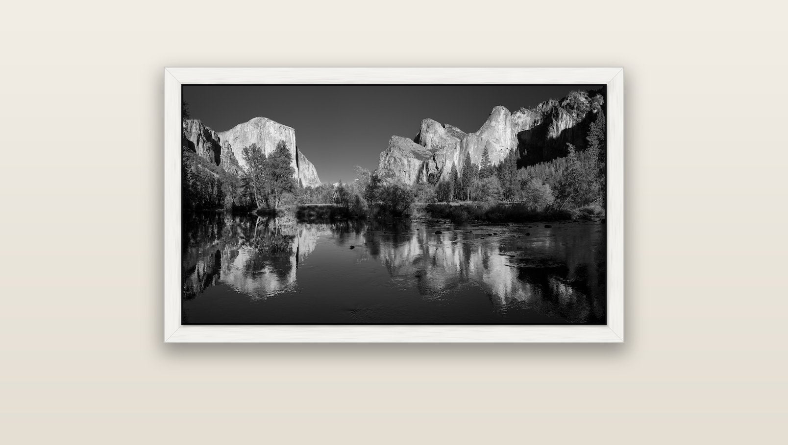 Yosemite Calm Reflection, Valley View — white float frame canvas, 91 × 51 cm. New Zealand fine art landscape wall art by Stephen Milner.