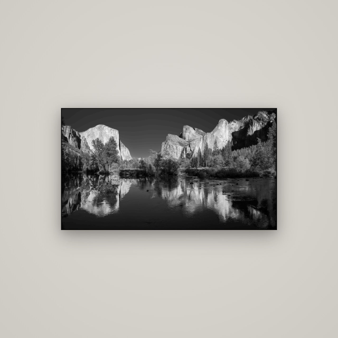 Yosemite Calm Reflection, Valley View — Slimline Black, 107×60 cm. New Zealand fine art wall art by Stephen Milner.