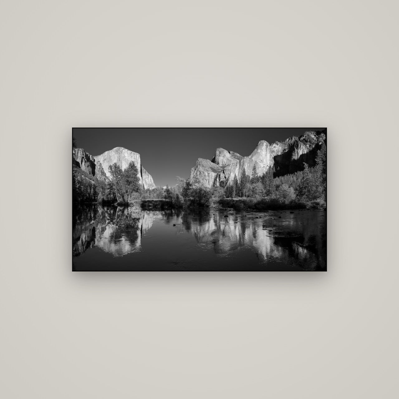 Yosemite Calm Reflection, Valley View — Slimline Black, 107×60 cm. New Zealand fine art wall art by Stephen Milner.