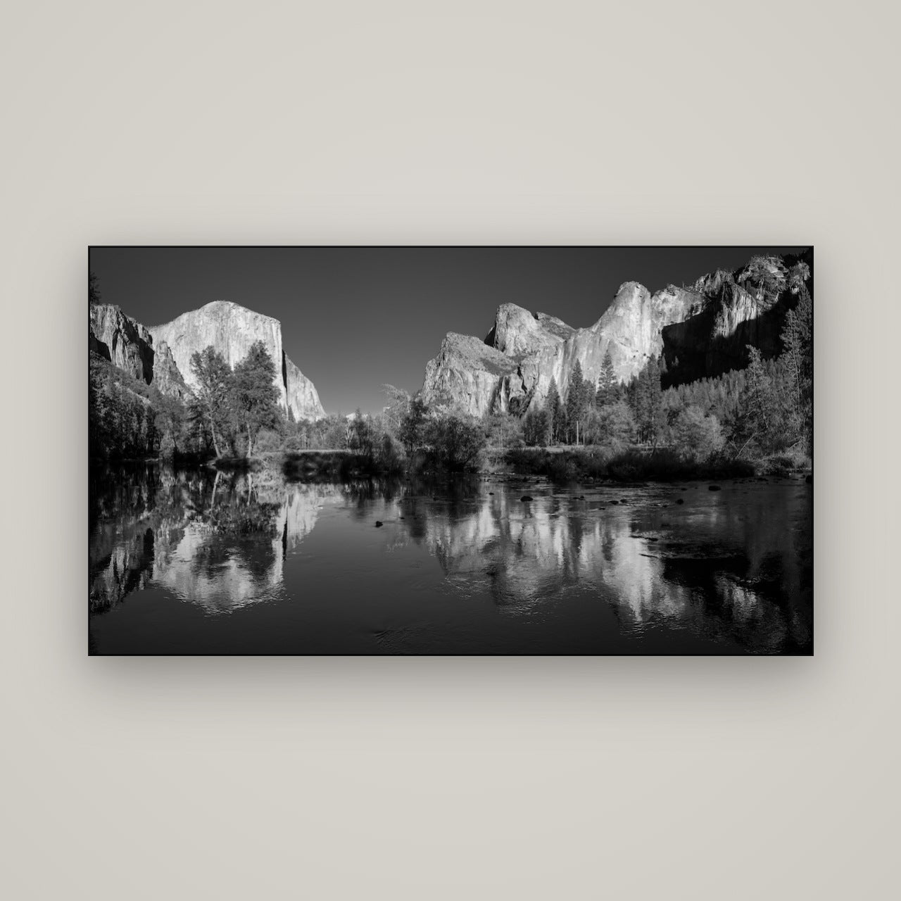 Yosemite Calm Reflection, Valley View — Slimline Black, 160×90 cm. New Zealand fine art wall art by Stephen Milner.