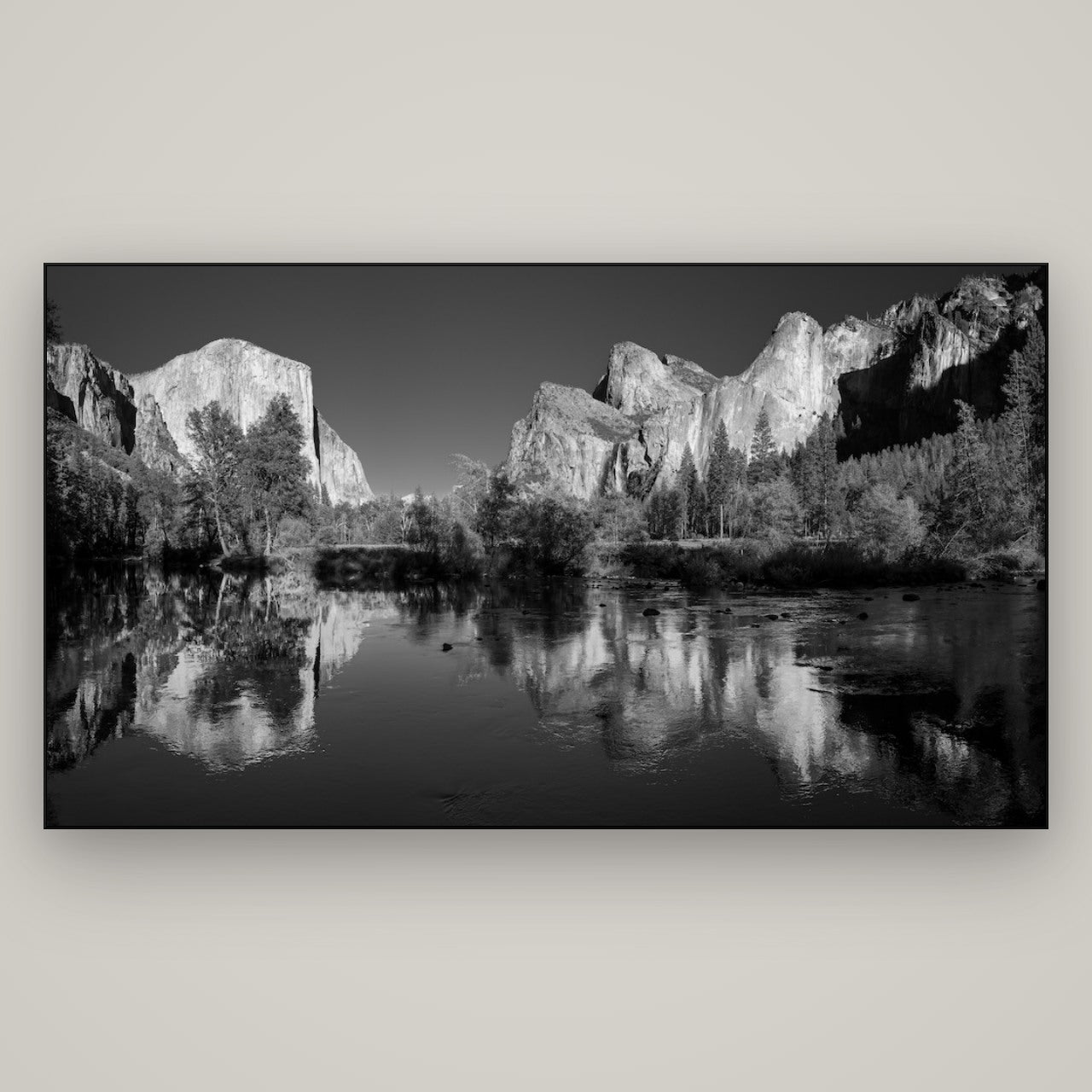 Yosemite Calm Reflection, Valley View — Slimline Black, 196×110 cm. New Zealand fine art wall art by Stephen Milner.