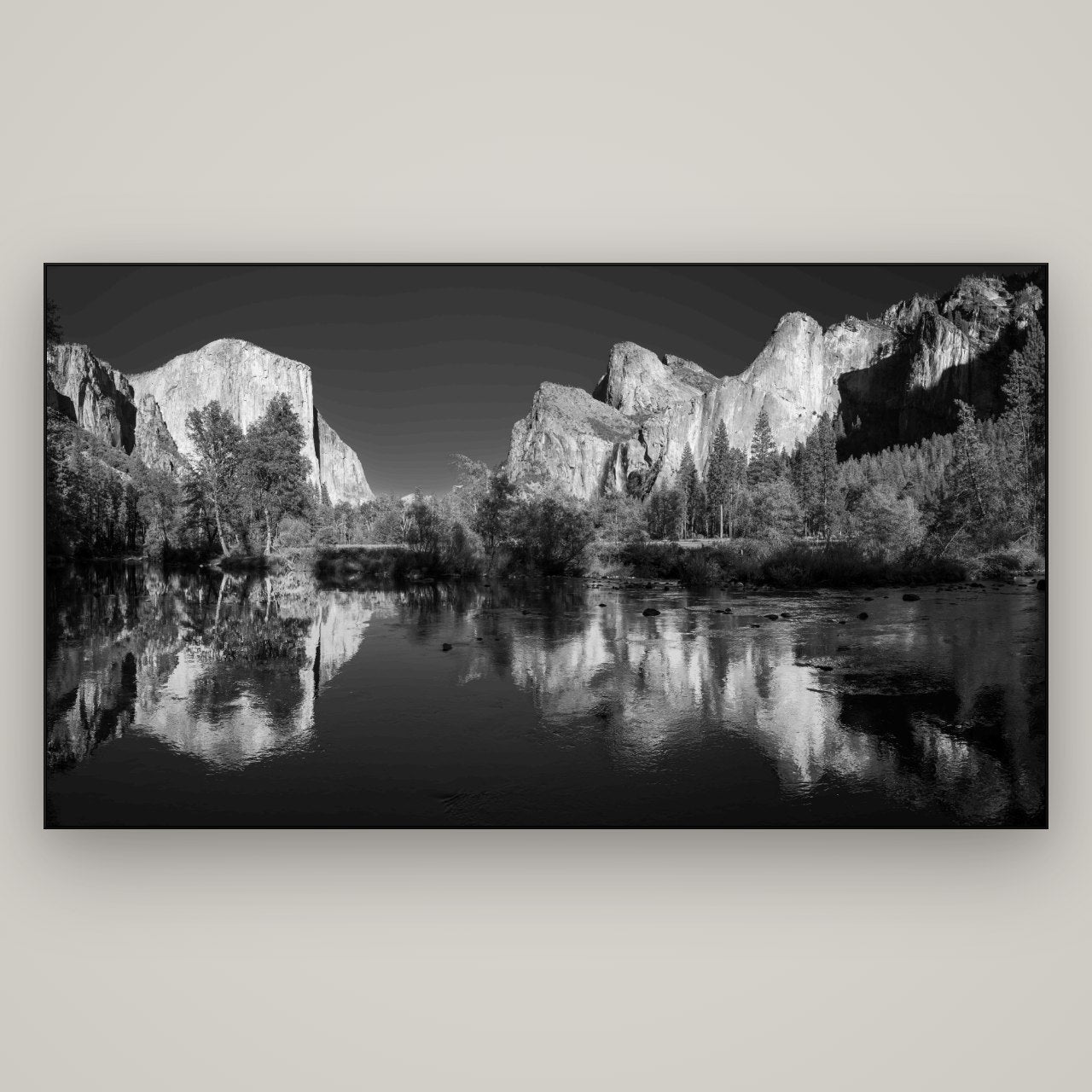 Yosemite Calm Reflection, Valley View — Slimline Black, 196×110 cm. New Zealand fine art wall art by Stephen Milner.