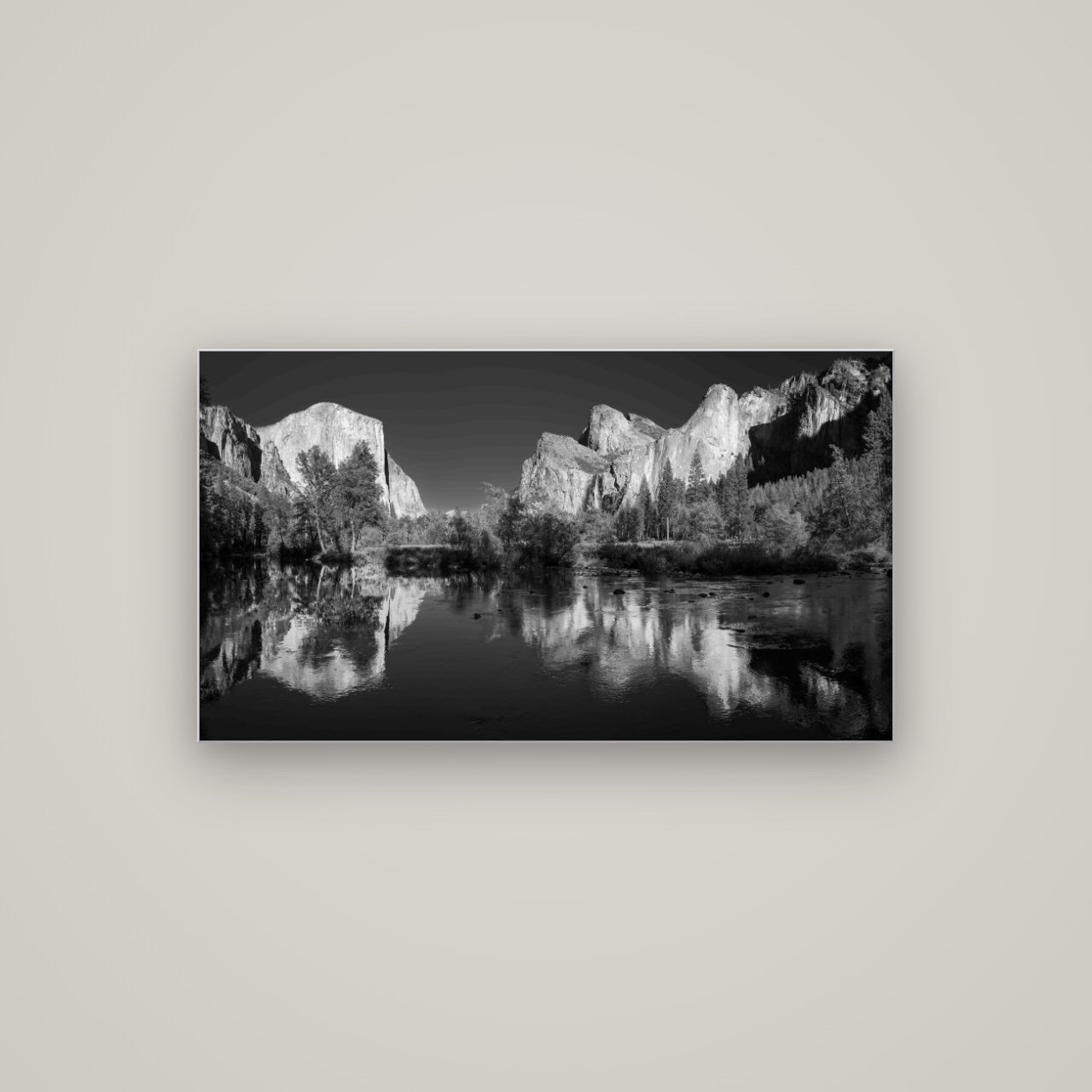 Yosemite Calm Reflection, Valley View — Slimline Silver, 107×60 cm. New Zealand fine art wall art by Stephen Milner.