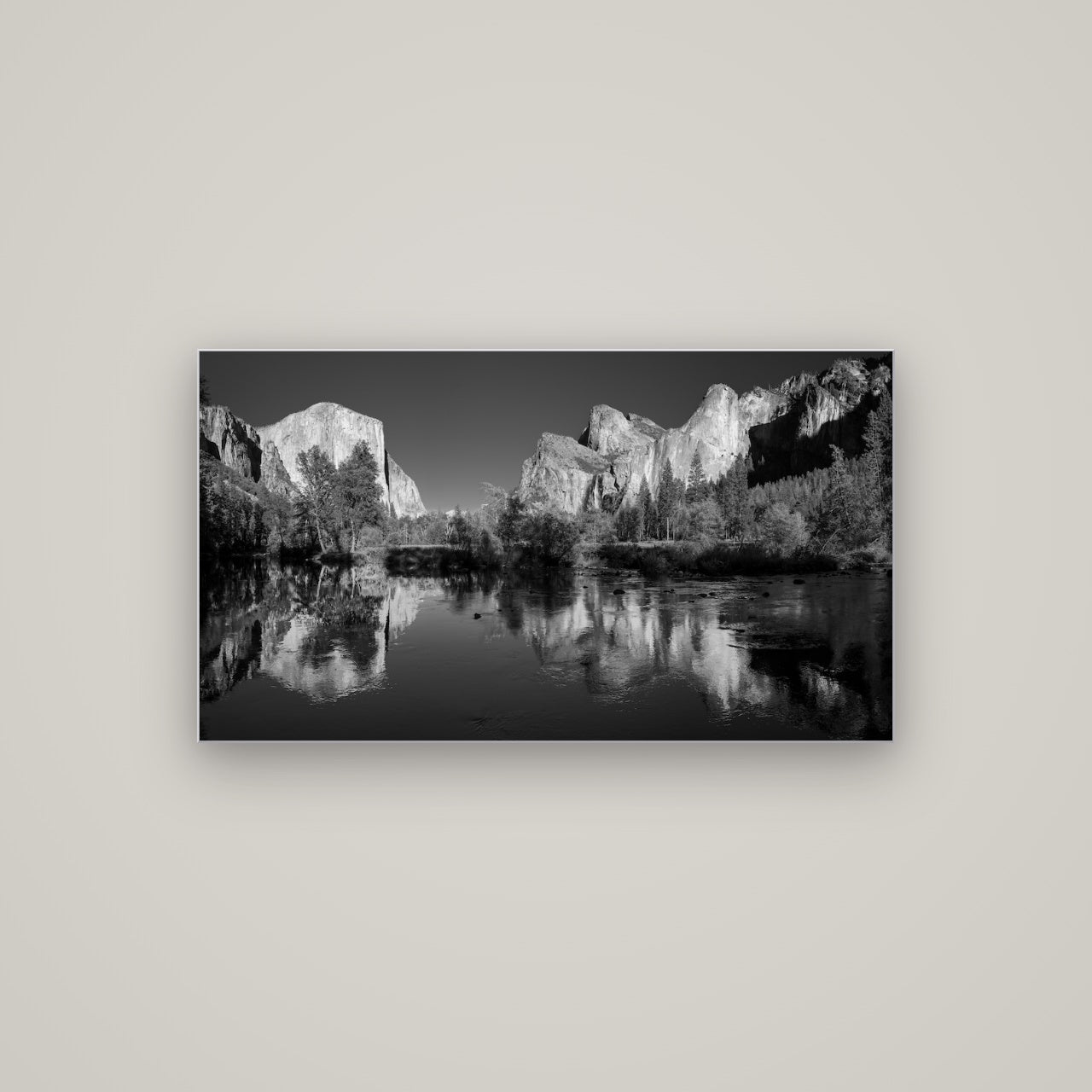 Yosemite Calm Reflection, Valley View — Slimline Silver, 107×60 cm. New Zealand fine art wall art by Stephen Milner.