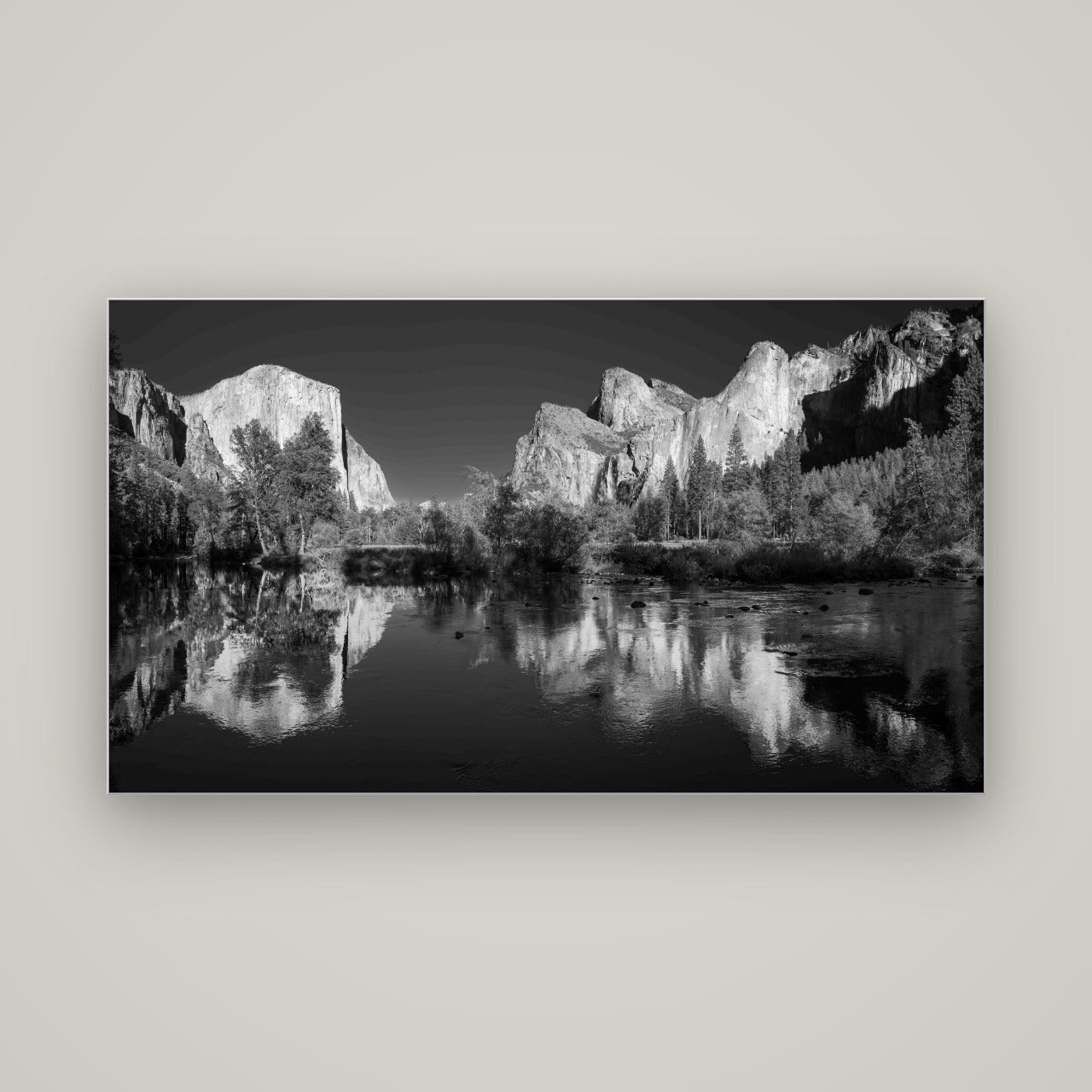 Yosemite Calm Reflection, Valley View — Slimline Silver, 160×90 cm. New Zealand fine art wall art by Stephen Milner.