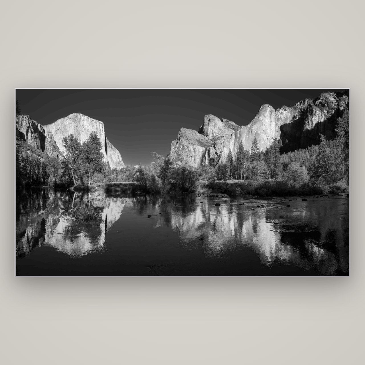 Yosemite Calm Reflection, Valley View — Slimline Silver, 196×110 cm. New Zealand fine art wall art by Stephen Milner.