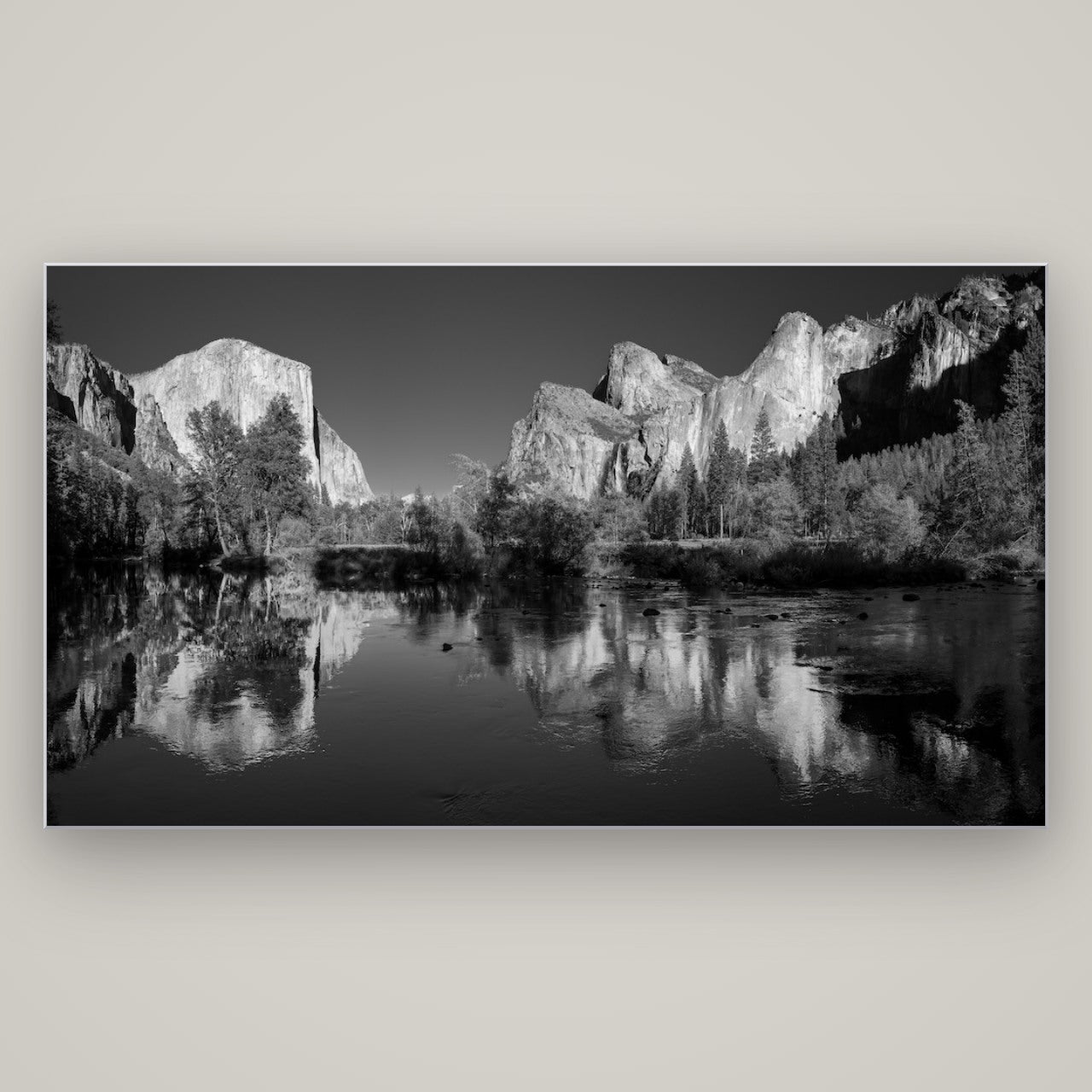 Yosemite Calm Reflection, Valley View — Slimline Silver, 196×110 cm. New Zealand fine art wall art by Stephen Milner.