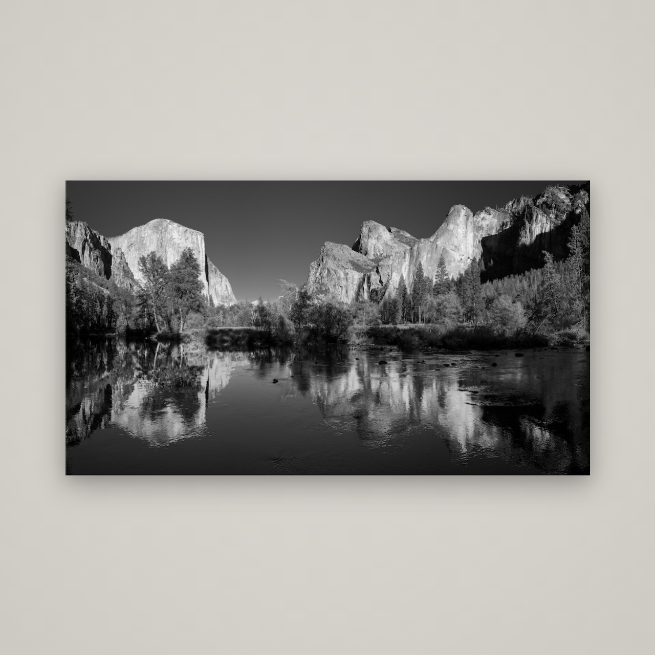 Yosemite Calm Reflection, Valley View — No frame, 160×90 cm. New Zealand fine art wall art by Stephen Milner.