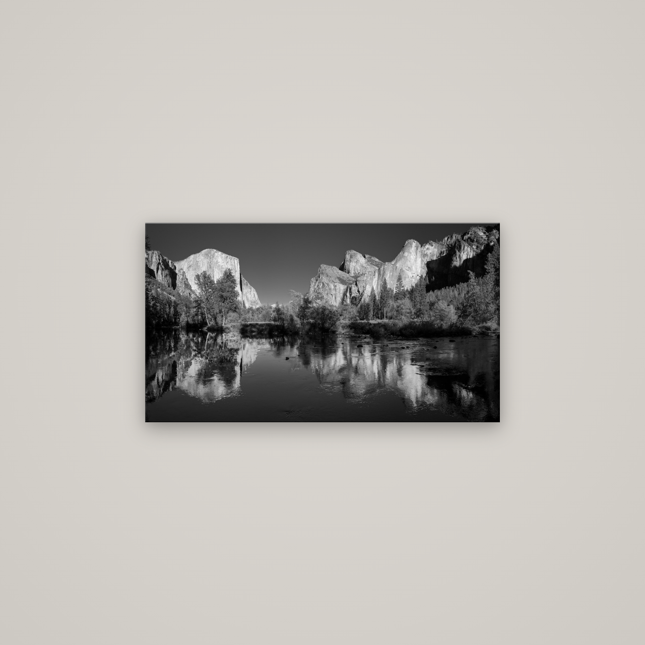 Yosemite Calm Reflection, Valley View — No frame, 80×45 cm. New Zealand fine art wall art by Stephen Milner.