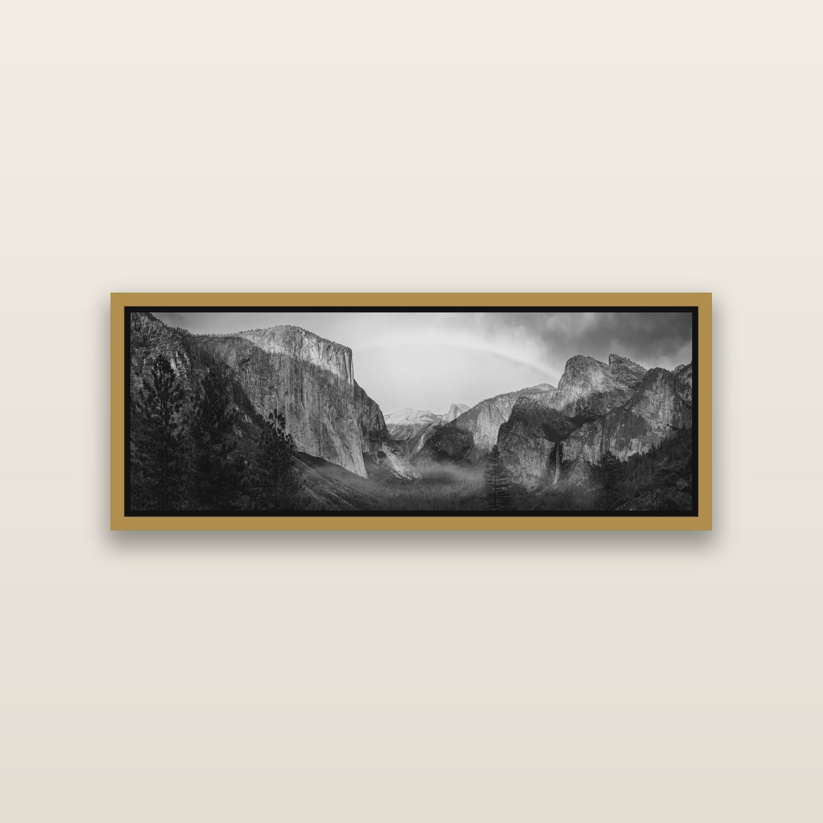 Yosemite's Embrace, Tunnel View at Sunset — Antique Gold framed metallic canvas print, small 86 × 30 cm. New Zealand fine art landscape wall art by Stephen Milner.