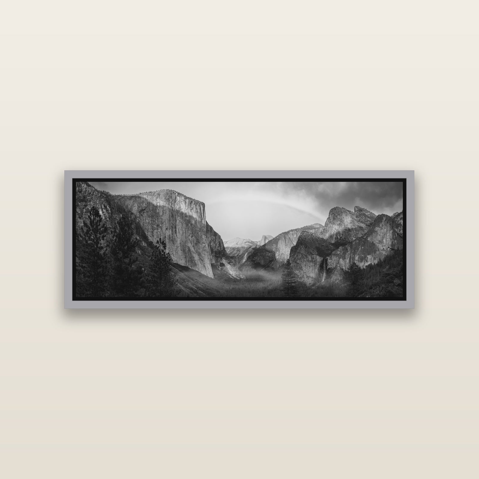 Yosemite's Embrace, Tunnel View at Sunset — Antique Silver framed metallic canvas print, small 86 × 30 cm. New Zealand fine art landscape wall art by Stephen Milner.