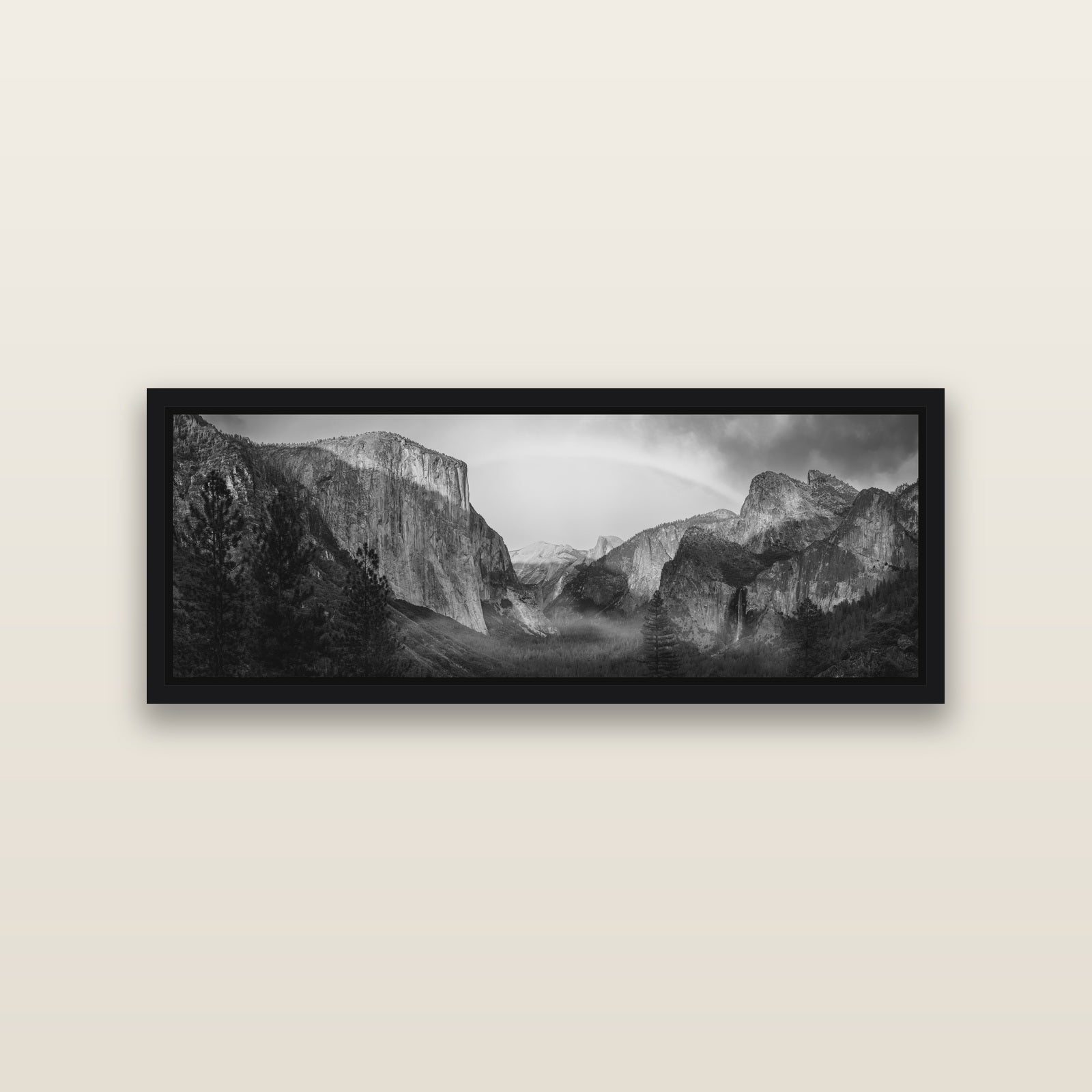Yosemite's Embrace, Tunnel View at Sunset — Black framed metallic canvas print, small 86 × 30 cm. New Zealand fine art landscape wall art by Stephen Milner.
