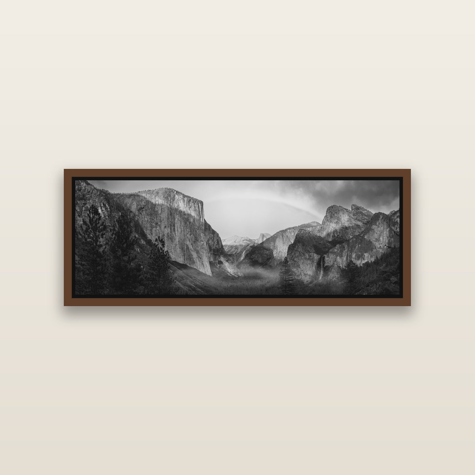 Yosemite's Embrace, Tunnel View at Sunset — Brown framed metallic canvas print, small 86 × 30 cm. New Zealand fine art landscape wall art by Stephen Milner.