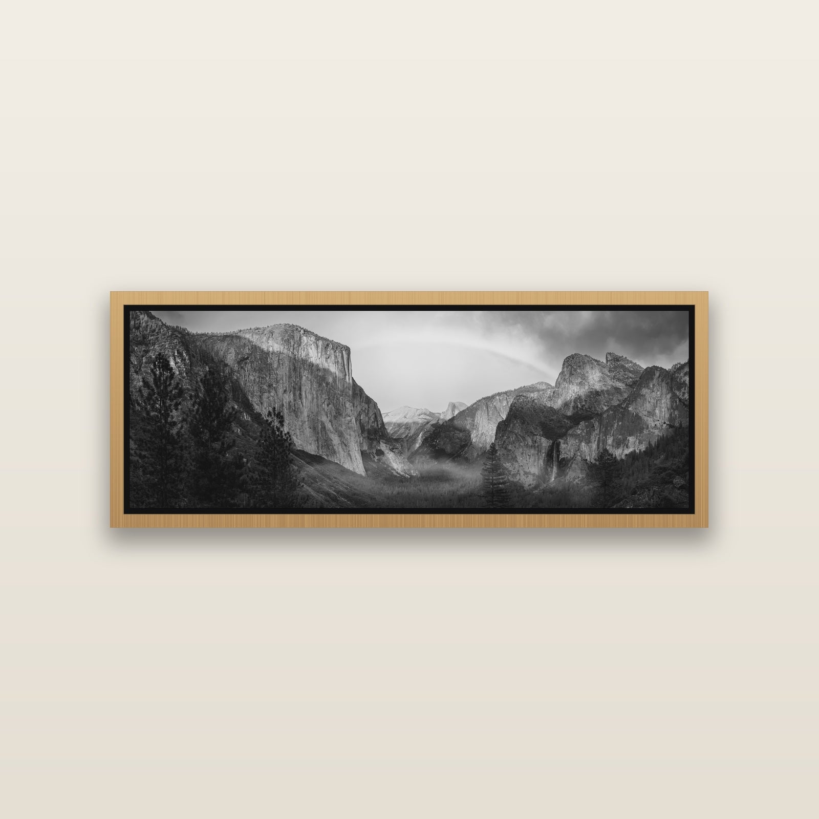 Yosemite's Embrace, Tunnel View at Sunset — Natural framed metallic canvas print, small 86 × 30 cm. New Zealand fine art landscape wall art by Stephen Milner.