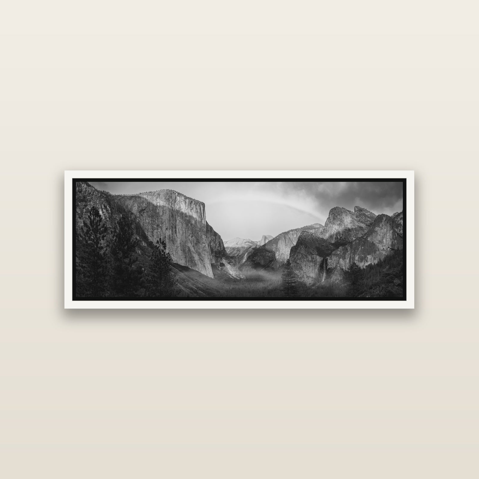 Yosemite's Embrace, Tunnel View at Sunset — White framed metallic canvas print, small 86 × 30 cm. New Zealand fine art landscape wall art by Stephen Milner.