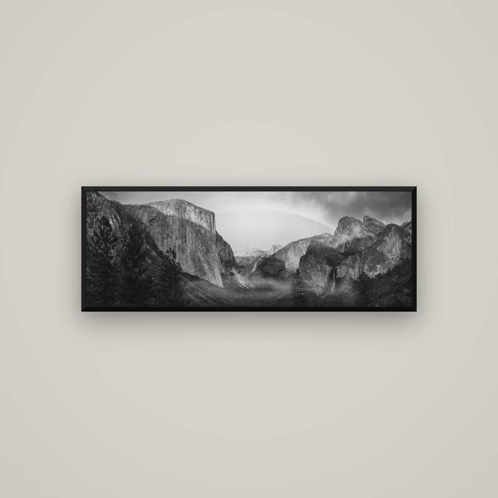 Yosemite's Embrace, Tunnel View at Sunset — Basel Black Matte, 113×40 cm. New Zealand fine art wall art by Stephen Milner.