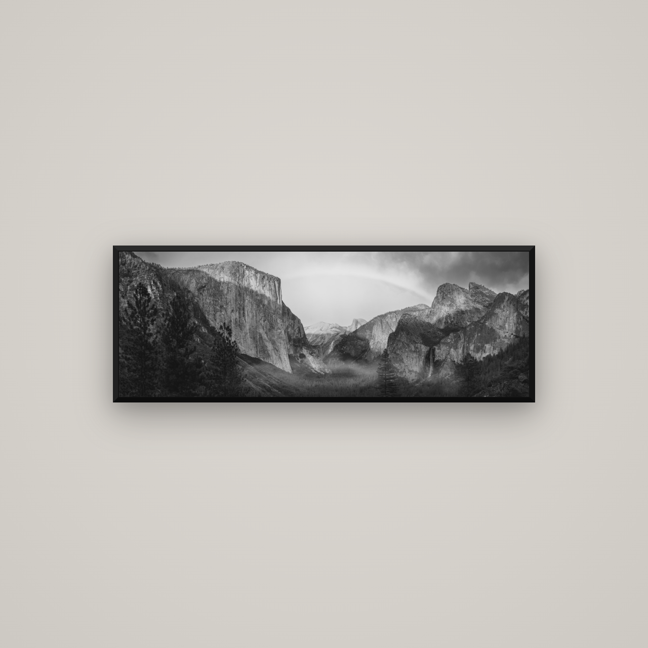 Yosemite's Embrace, Tunnel View at Sunset — Basel Black Matte, 113×40 cm. New Zealand fine art wall art by Stephen Milner.