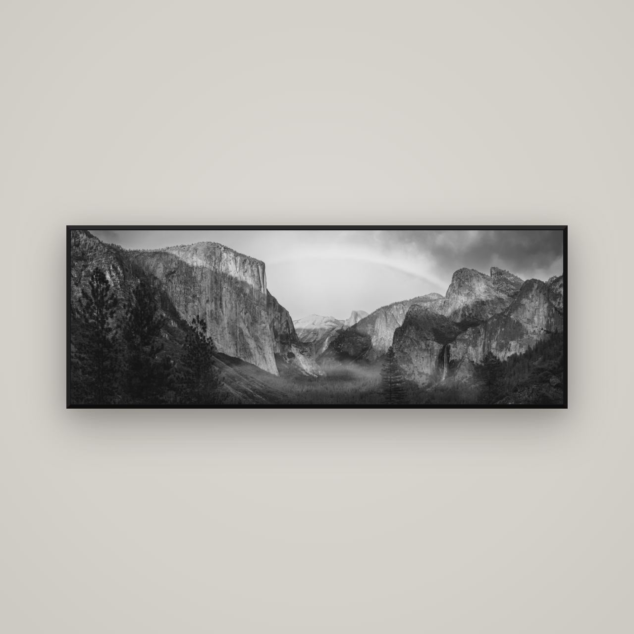 Yosemite's Embrace, Tunnel View at Sunset — Basel Black Matte, 170×60 cm. New Zealand fine art wall art by Stephen Milner.