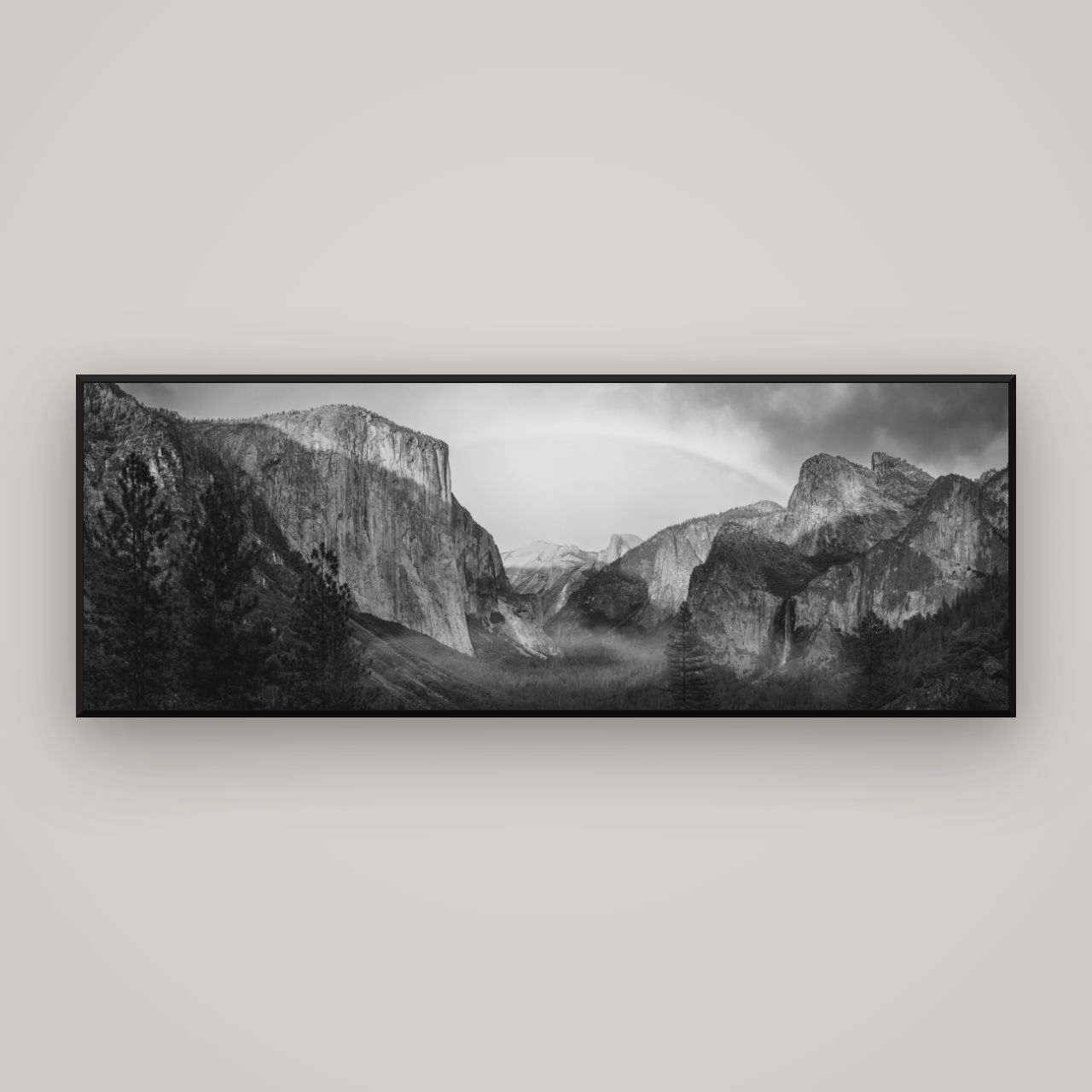 Yosemite's Embrace, Tunnel View at Sunset — Basel Black Matte, 198×70 cm. New Zealand fine art wall art by Stephen Milner.