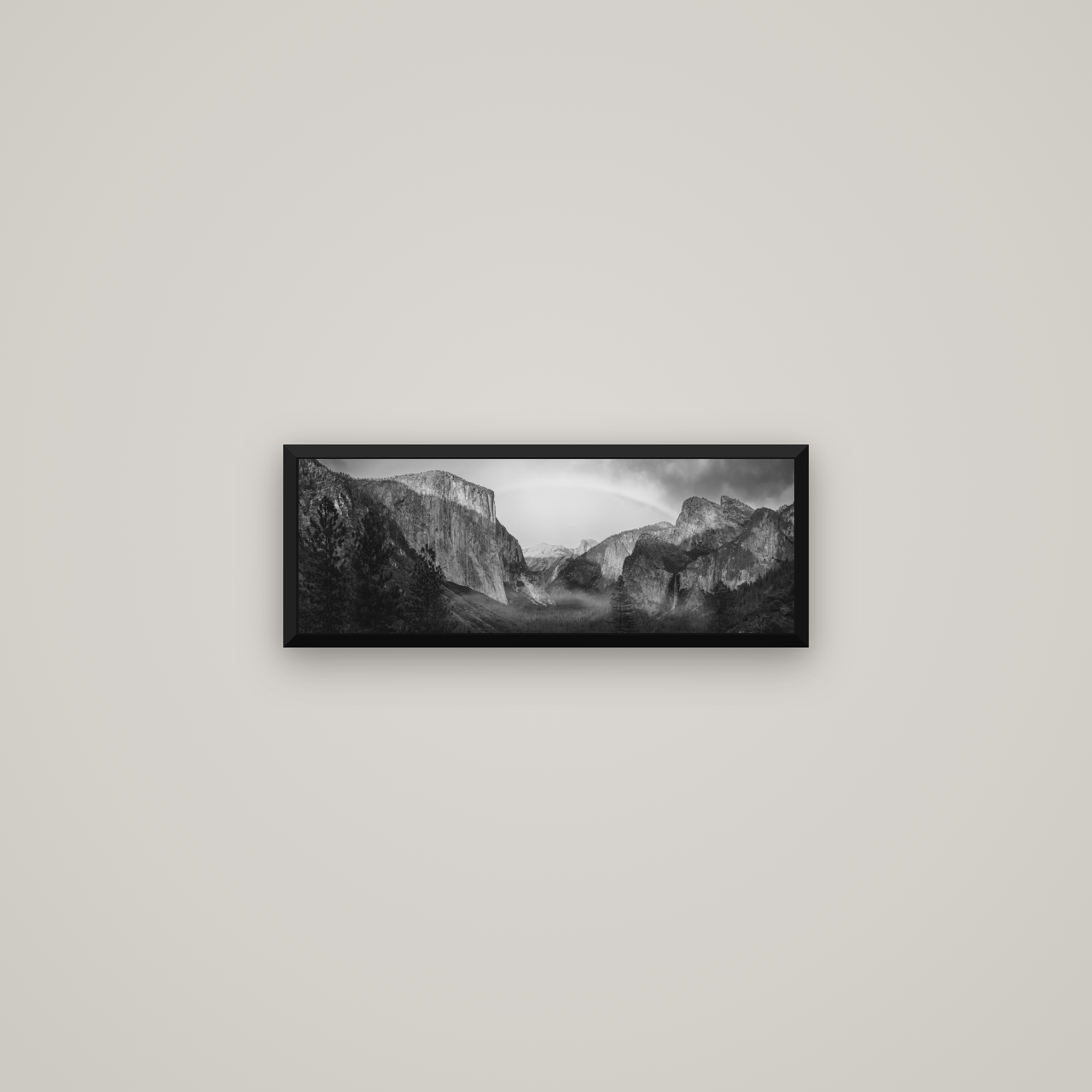Yosemite's Embrace, Tunnel View at Sunset — Basel Black Matte, 57×20 cm. New Zealand fine art wall art by Stephen Milner.
