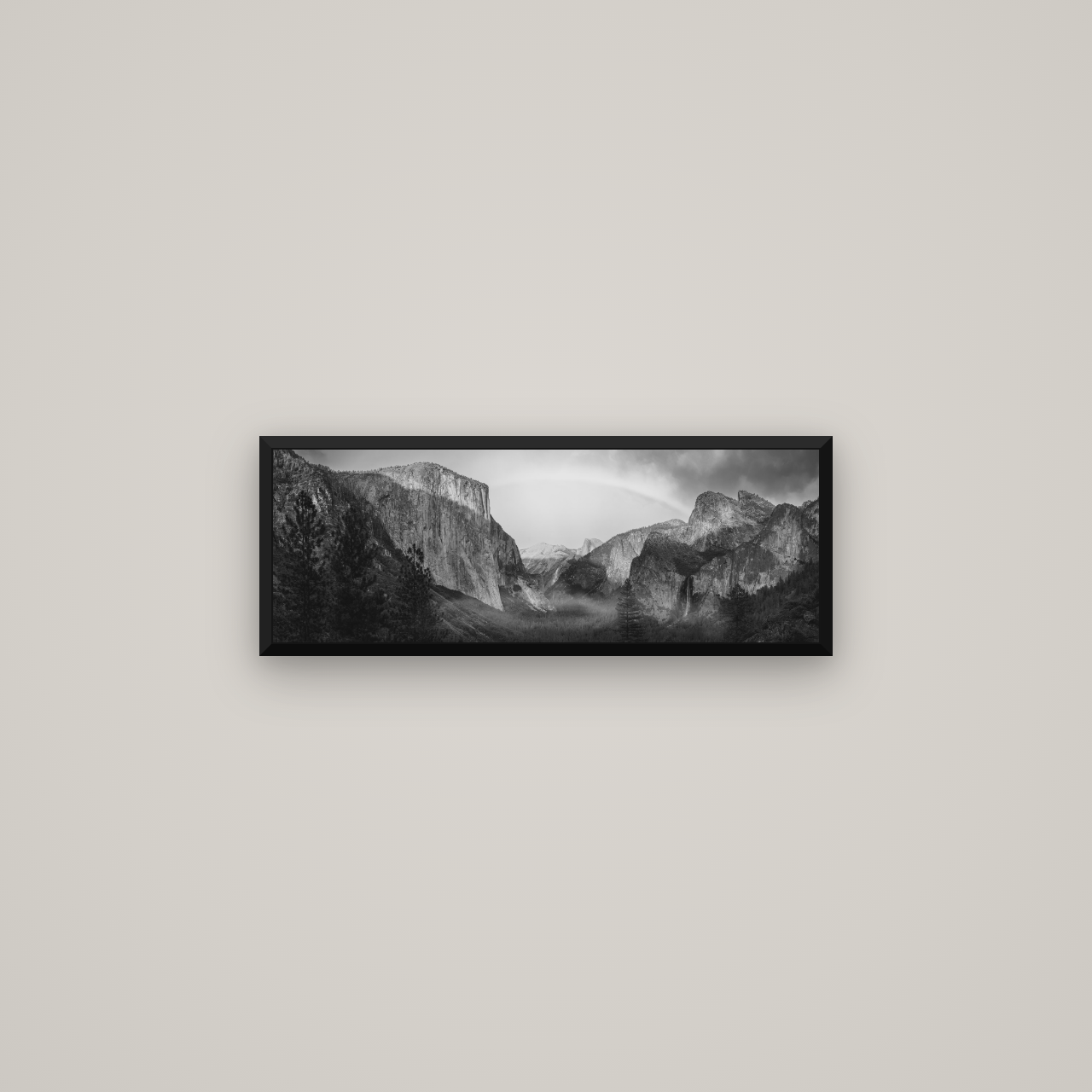 Yosemite's Embrace, Tunnel View at Sunset — Basel Black Matte, 68×24 cm. New Zealand fine art wall art by Stephen Milner.