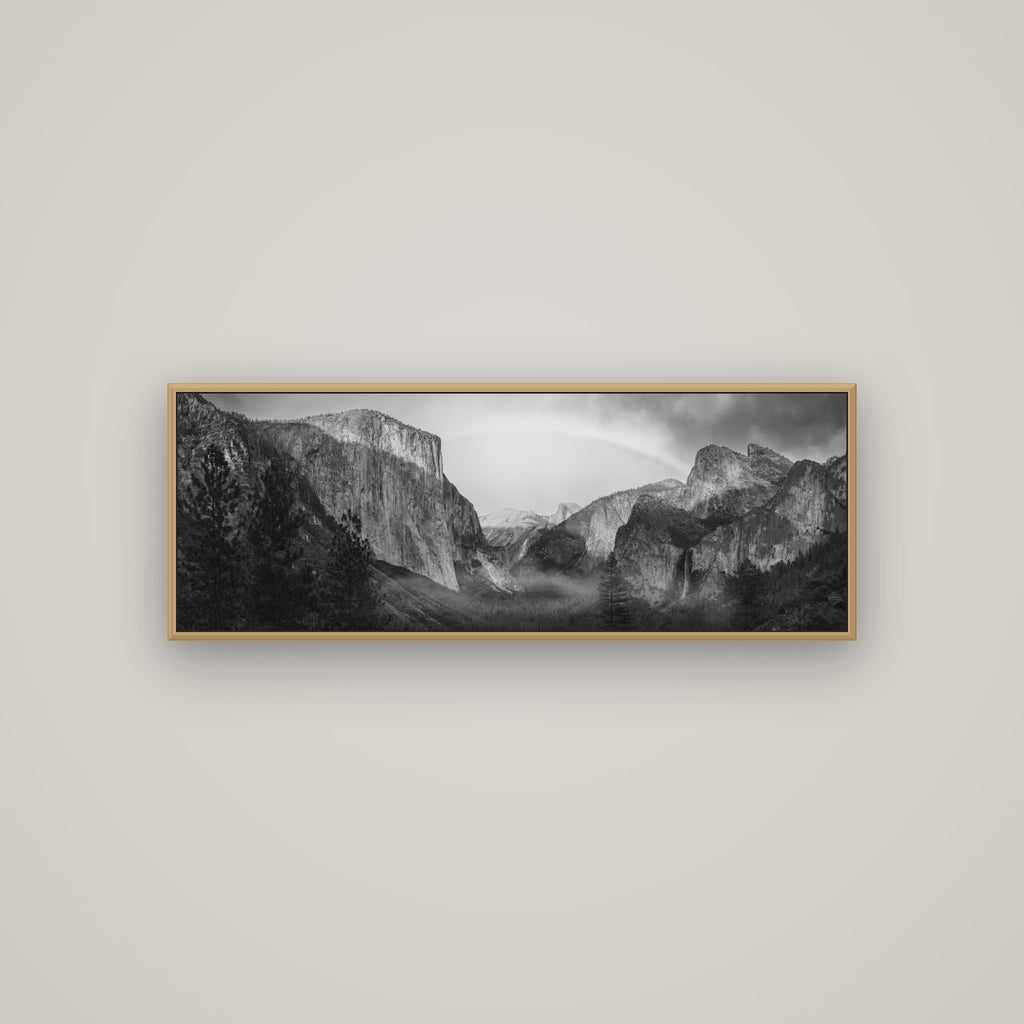 Yosemite's Embrace, Tunnel View at Sunset, Basel Natural Oak, 113×40 cm. New Zealand fine art wall art by Stephen Milner.