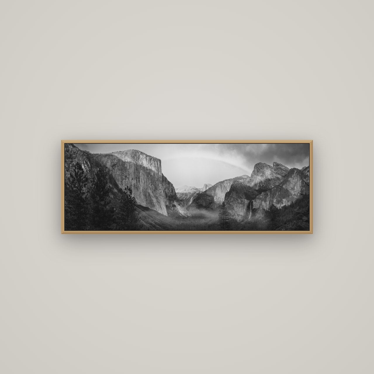 Yosemite's Embrace, Tunnel View at Sunset, Basel Natural Oak, 113×40 cm. New Zealand fine art wall art by Stephen Milner.