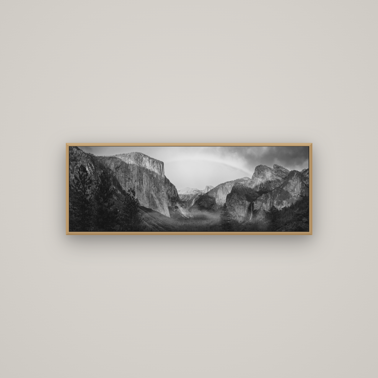 Yosemite's Embrace, Tunnel View at Sunset, Basel Natural Oak, 113×40 cm. New Zealand fine art wall art by Stephen Milner.