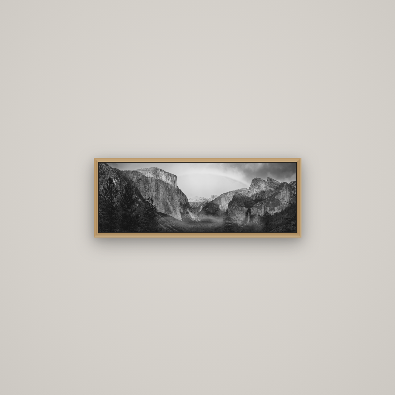 Yosemite's Embrace, Tunnel View at Sunset, Basel Natural Oak, 68×24 cm. New Zealand fine art wall art by Stephen Milner.