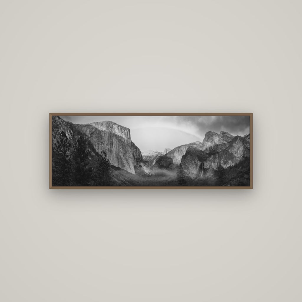 Yosemite's Embrace, Tunnel View at Sunset, Basel Walnut, 113×40 cm. New Zealand fine art wall art by Stephen Milner.