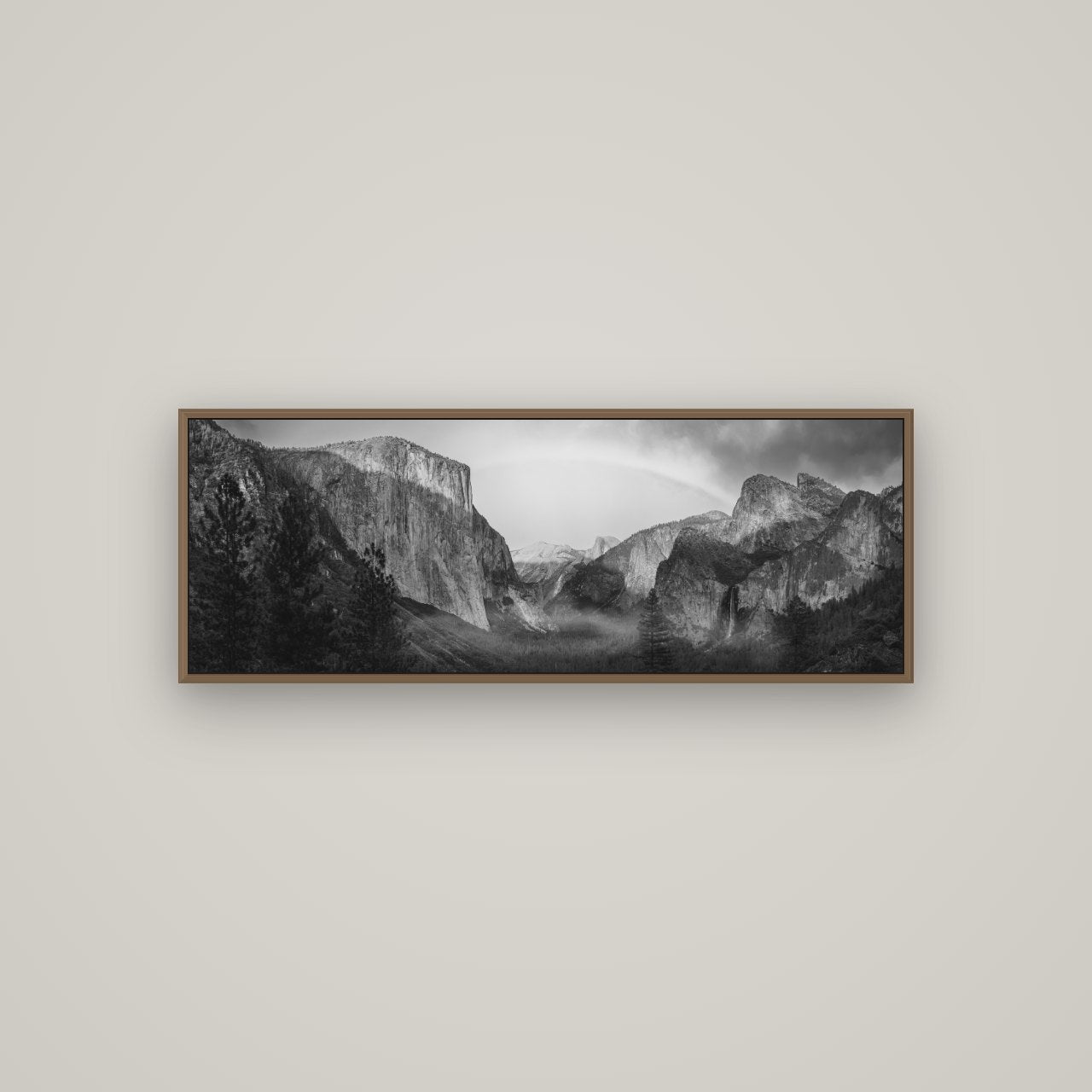 Yosemite's Embrace, Tunnel View at Sunset, Basel Walnut, 113×40 cm. New Zealand fine art wall art by Stephen Milner.
