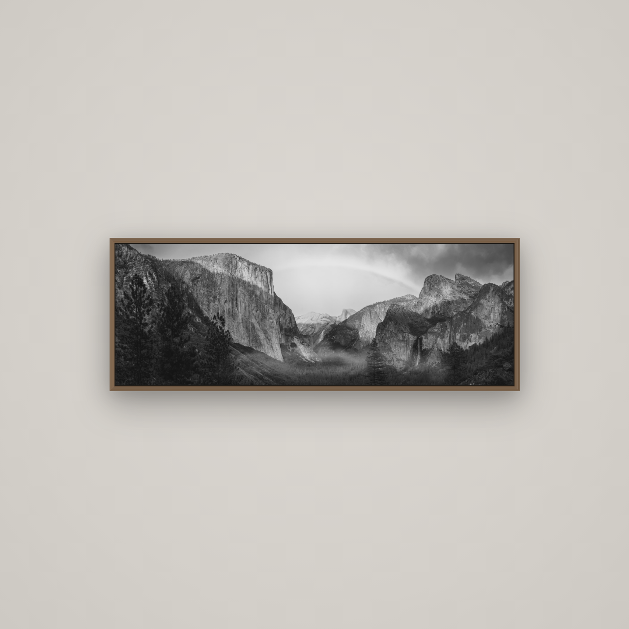 Yosemite's Embrace, Tunnel View at Sunset, Basel Walnut, 113×40 cm. New Zealand fine art wall art by Stephen Milner.