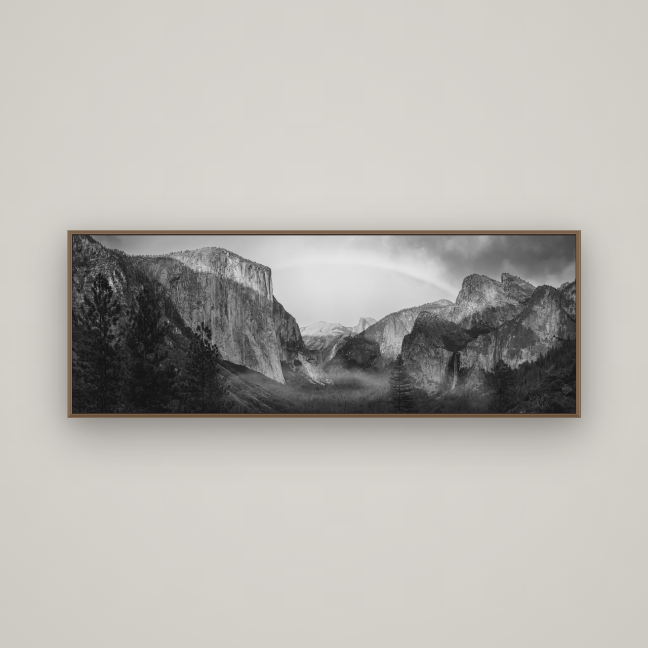 Yosemite's Embrace, Tunnel View at Sunset, Basel Walnut, 170×60 cm. New Zealand fine art wall art by Stephen Milner.