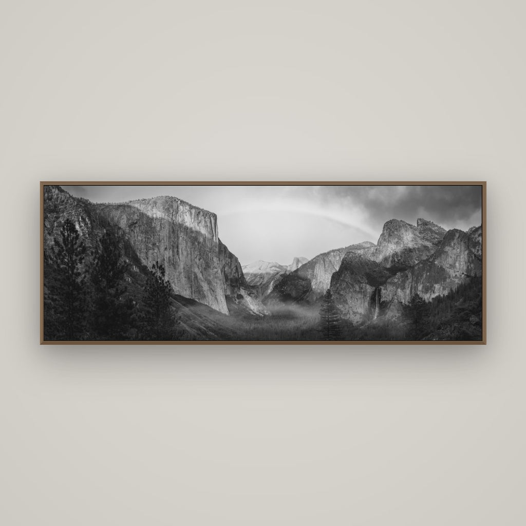 Yosemite's Embrace, Tunnel View at Sunset, Basel Walnut, 170×60 cm. New Zealand fine art wall art by Stephen Milner.