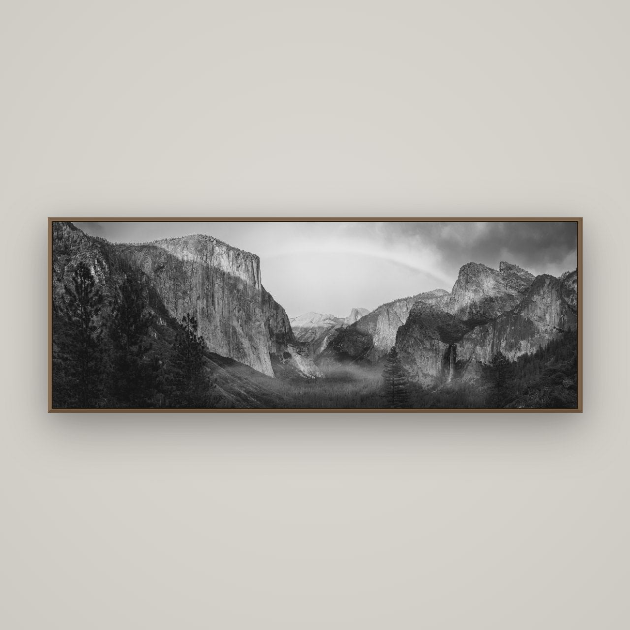 Yosemite's Embrace, Tunnel View at Sunset, Basel Walnut, 170×60 cm. New Zealand fine art wall art by Stephen Milner.
