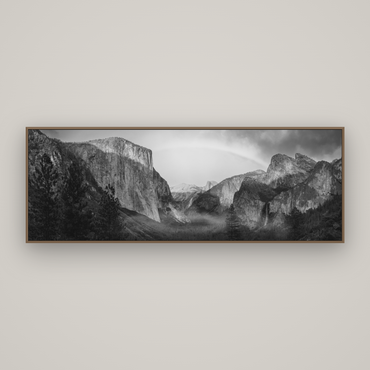 Yosemite's Embrace, Tunnel View at Sunset, Basel Walnut, 198×70 cm. New Zealand fine art wall art by Stephen Milner.