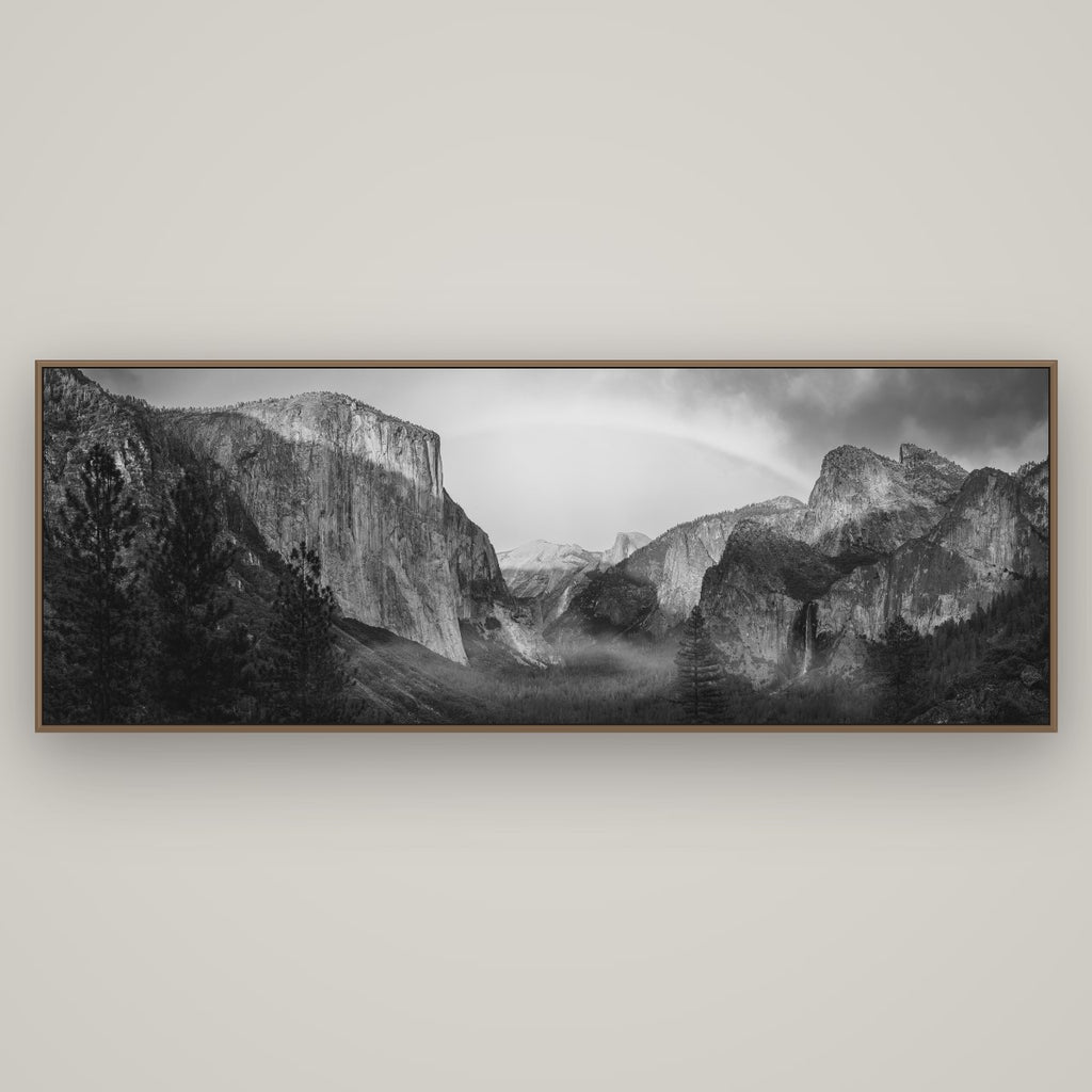 Yosemite's Embrace, Tunnel View at Sunset, Basel Walnut, 198×70 cm. New Zealand fine art wall art by Stephen Milner.