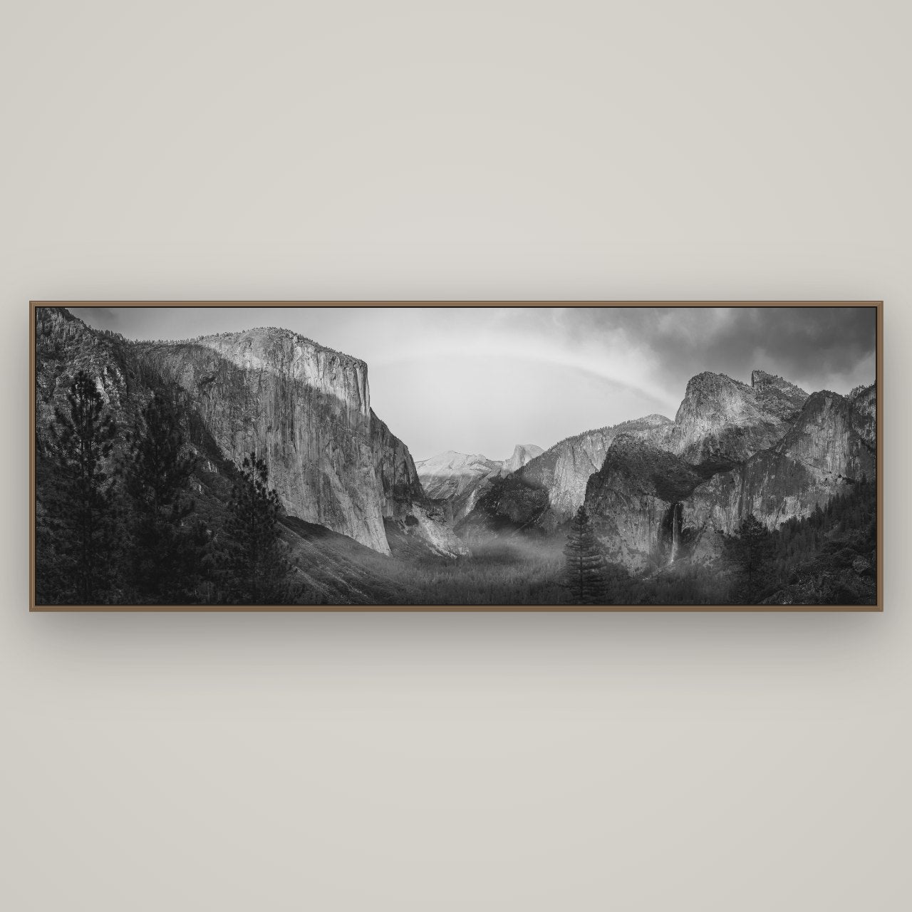 Yosemite's Embrace, Tunnel View at Sunset, Basel Walnut, 198×70 cm. New Zealand fine art wall art by Stephen Milner.