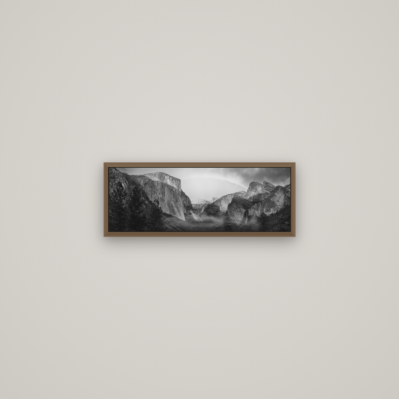 Yosemite's Embrace, Tunnel View at Sunset, Basel Walnut, 57×20 cm. New Zealand fine art wall art by Stephen Milner.