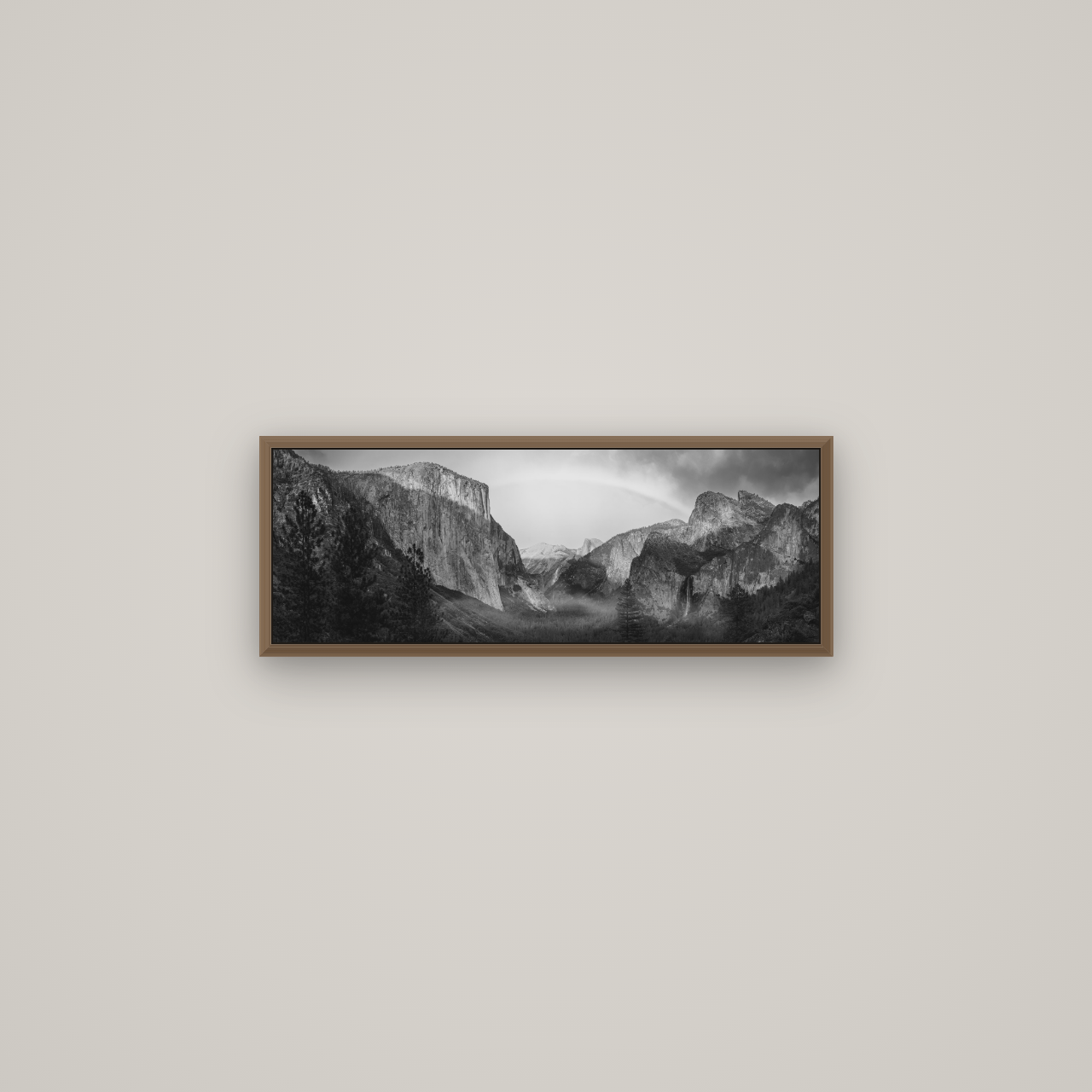 Yosemite's Embrace, Tunnel View at Sunset, Basel Walnut, 68×24 cm. New Zealand fine art wall art by Stephen Milner.