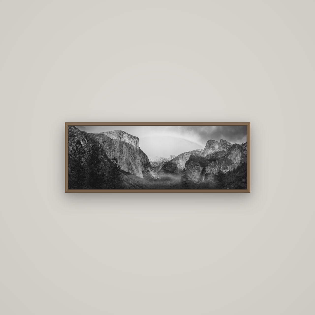 Yosemite's Embrace, Tunnel View at Sunset, Basel Walnut, 85×30 cm. New Zealand fine art wall art by Stephen Milner.
