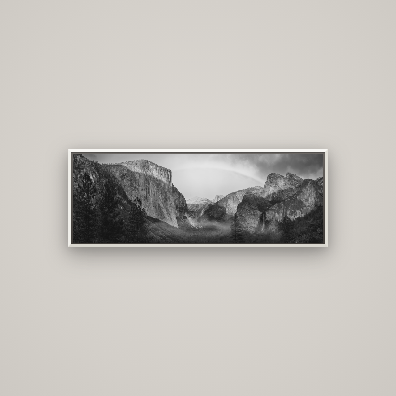 Yosemite's Embrace, Tunnel View at Sunset — Basel White, 113×40 cm. New Zealand fine art wall art by Stephen Milner.
