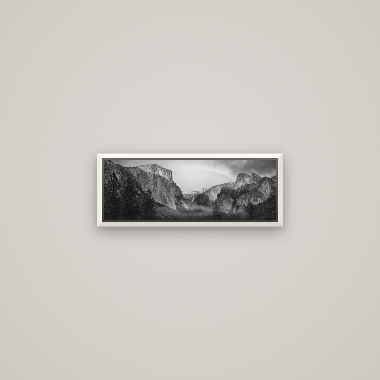Yosemite's Embrace, Tunnel View at Sunset — Basel White, 57×20 cm. New Zealand fine art wall art by Stephen Milner.